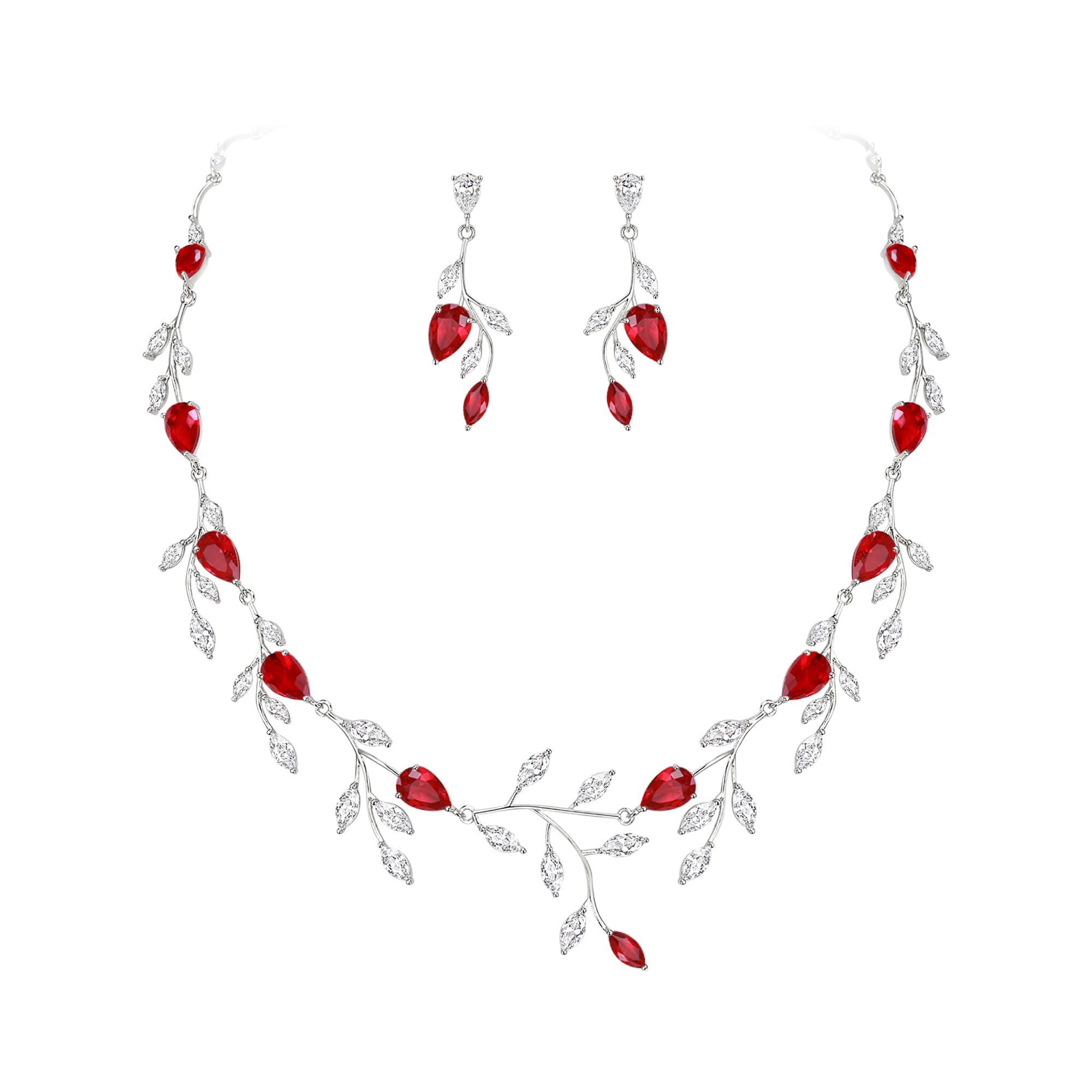 Ever Faith Wedding Jewelry for Bride Women Birdesmaid, Sparkly Red Cubic Zirconia Pear-Shaped Birthstone Leaf Necklace Earrings Set for Prom