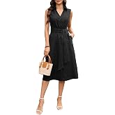vinglam Women's 100% Linen Collared Shirt Dress V Neck Sleeveless Button Down Linen Midi Dresses with Belt