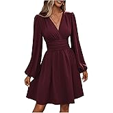 SOLY HUX Women's Elegant Dress V Neck Long Sleeve High Waist Swing Prom Cocktail Short Dresses
