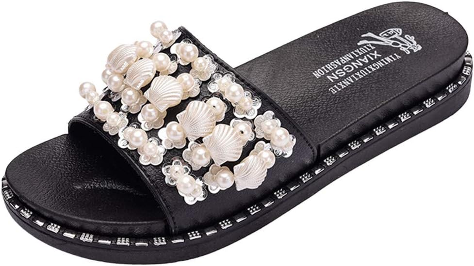 Womens Beach Slippers Bohemia Pearl Crystal Open Toe Sandals Summer Casual Flat Anti Slip Shoes for Indoor and Outdoor Flip Flops