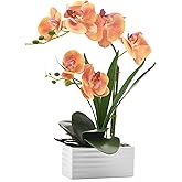 FuleHouzz Artificial Real Touch Orchid Flowers in Pot Fake Phalaenopsis Flower with White Ceramic Vase Faux Orchids Arrangement for Home Table Office Wedding Party Decoration (Orange)