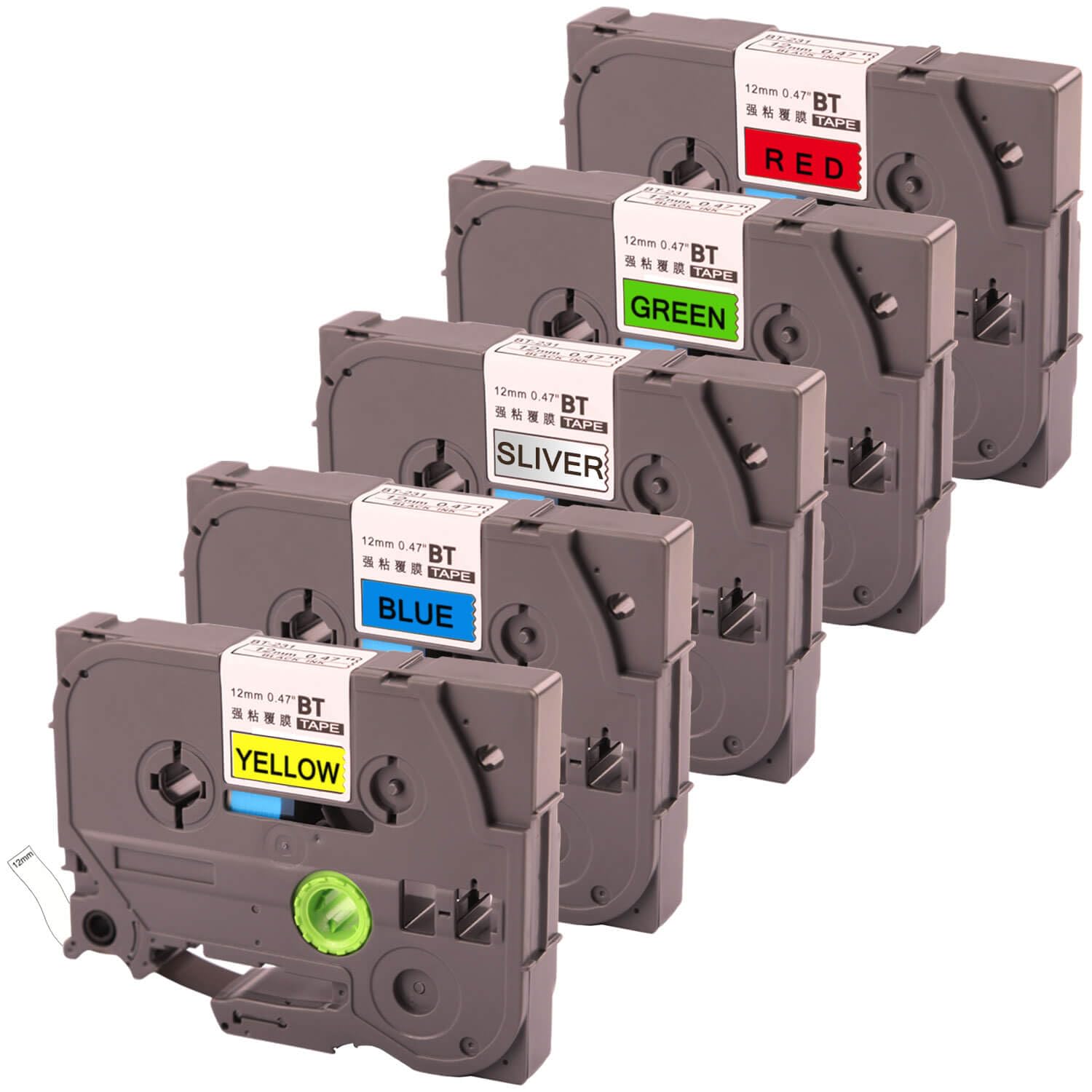 DINGYI Label Tape Compatible for Brother Label Tape 12mm 0.47Inch, Replacement for P Touch Tz Tze231 Label Printer Tape Black on Blue/Green/Yellow/Silver/Red, 5-Pack