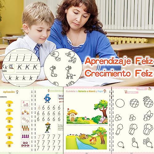 Larcenciel Reusable Spanish Calligraphy Notebooks, 4 Books + 1 Pen + 5 Refills, Magic Book for Learning to Write Reading from Children 3 4 5 Years (13 × 19cm)
