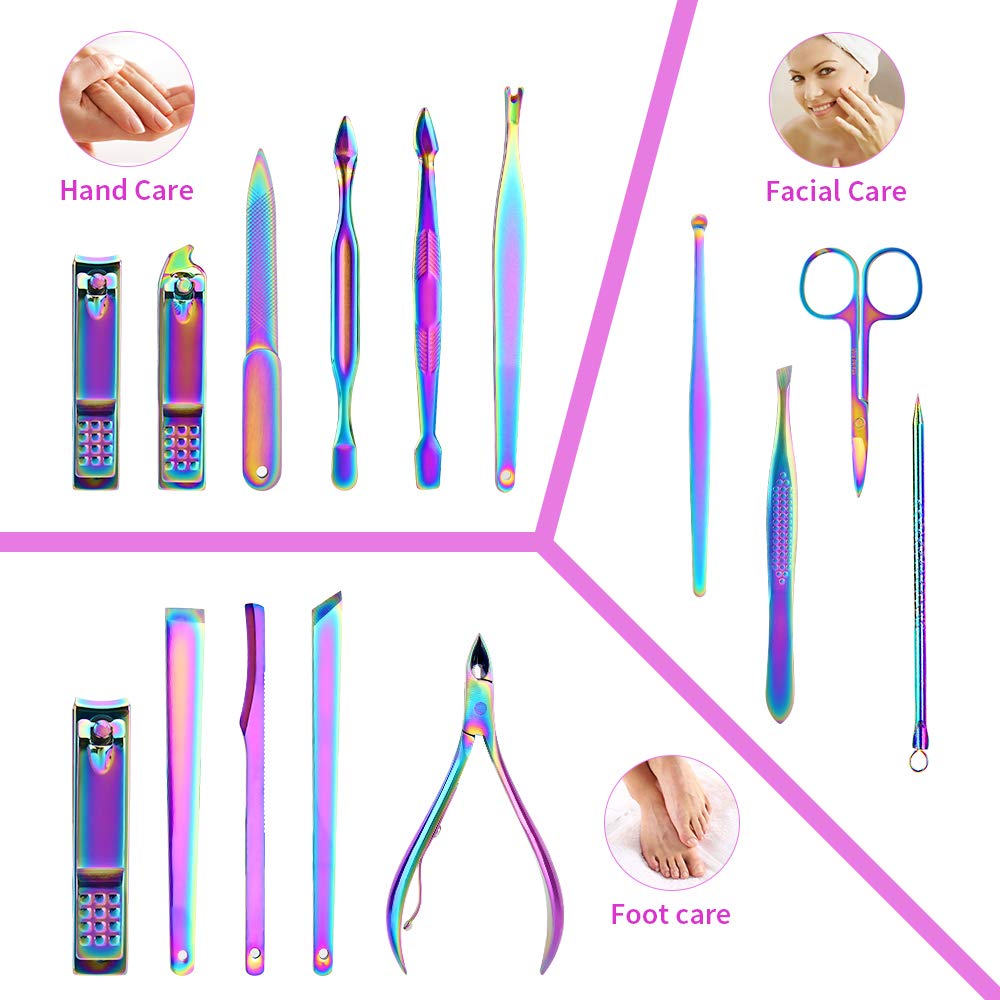 15 Pcs Nail Clippers, Rainbow Color Toenail Clippers Manicure Set Pedicure Tools Nail Clippers for Women Stainless Steel Nail Clippers Nail Clipper Set Provide Hands Foot and Face Care for Men Women : Beauty