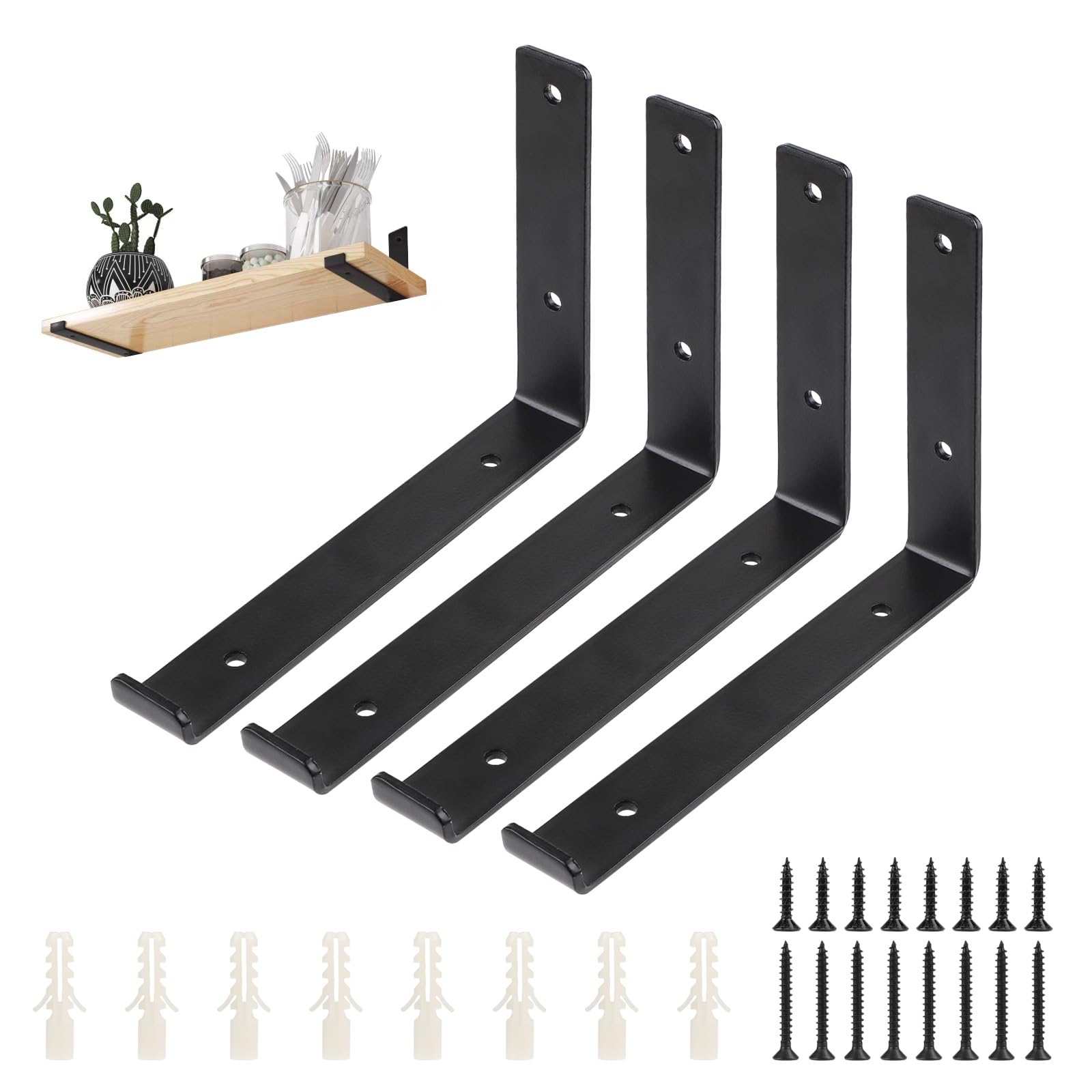 DBREAKS Pack of 4 L-Shape Shelf Brackets, Black, Heavy Duty, Wall Mount, Steel Frame, for Bookcases, Cupboards, Bathroom Shelves, Flower Shelves, 23 cm