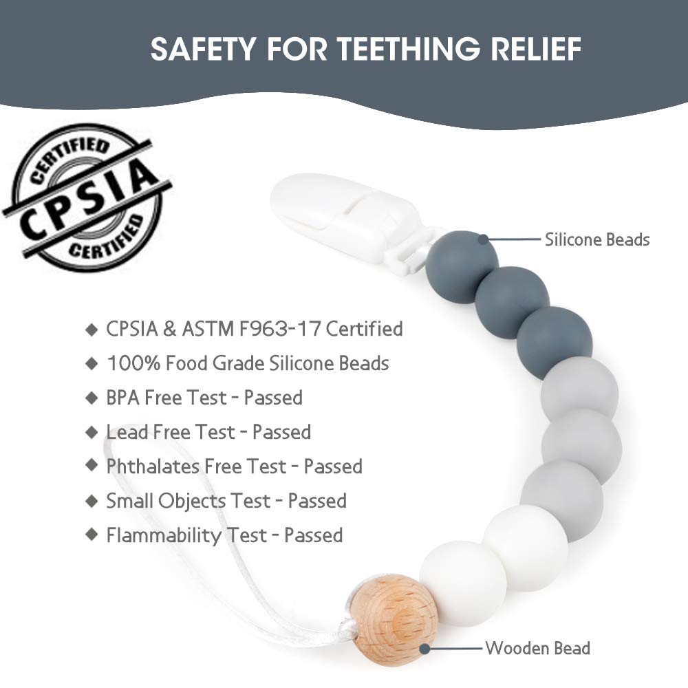 MCGMITT Pacifier Clip, Silicone Binky Teether Holder BPA Free Teething Beads for Baby Girls Boys, 2 Pack Shower Gift Set (Grey) : Baby