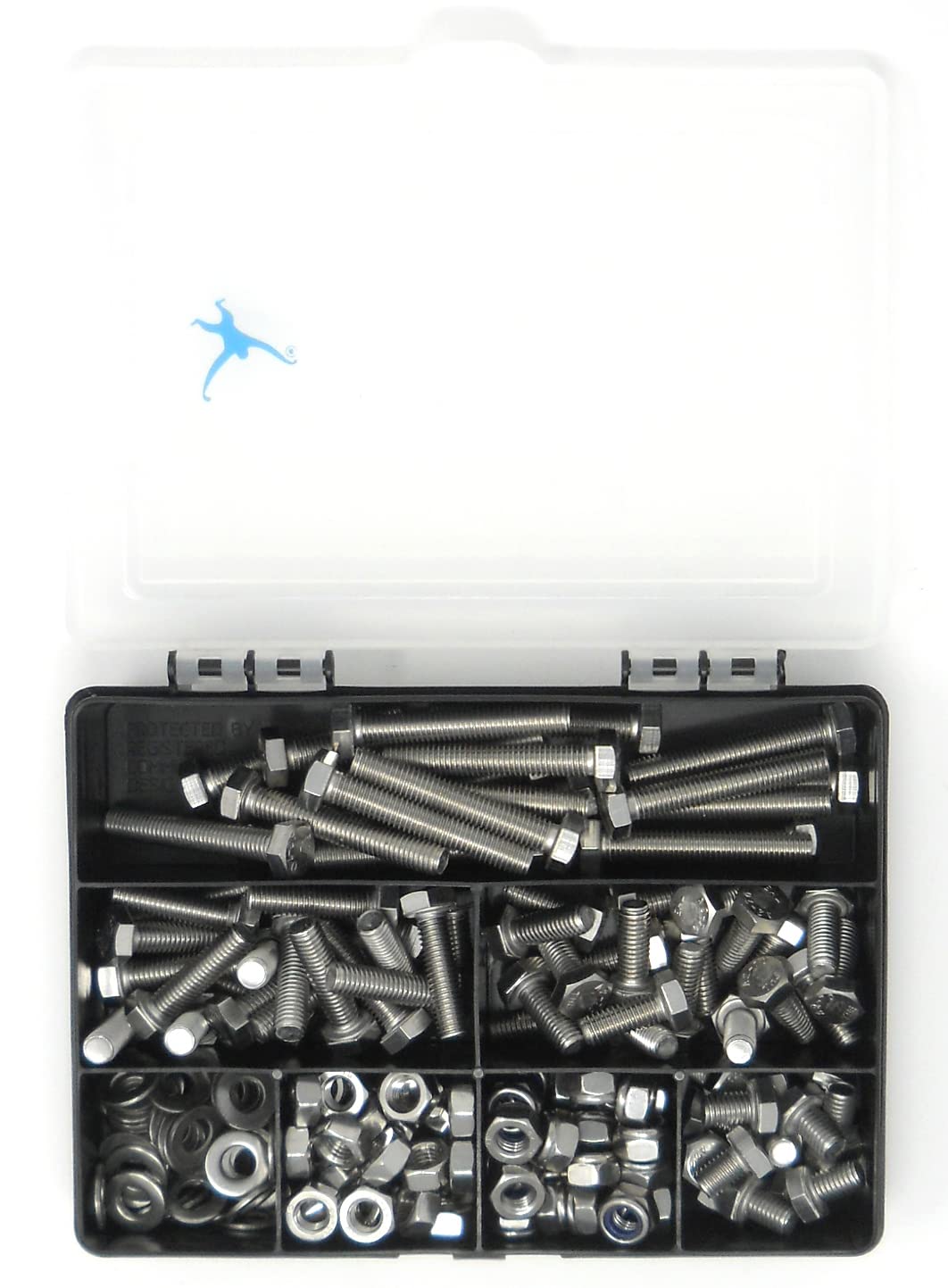 Set of 225 Assorted M8 Hex-Head Set Screws/Bolts, Nuts and Washers -DIN 933- A2-70 (304 Grade) Stainless Steel - Sturdy Recycled Compartment Box