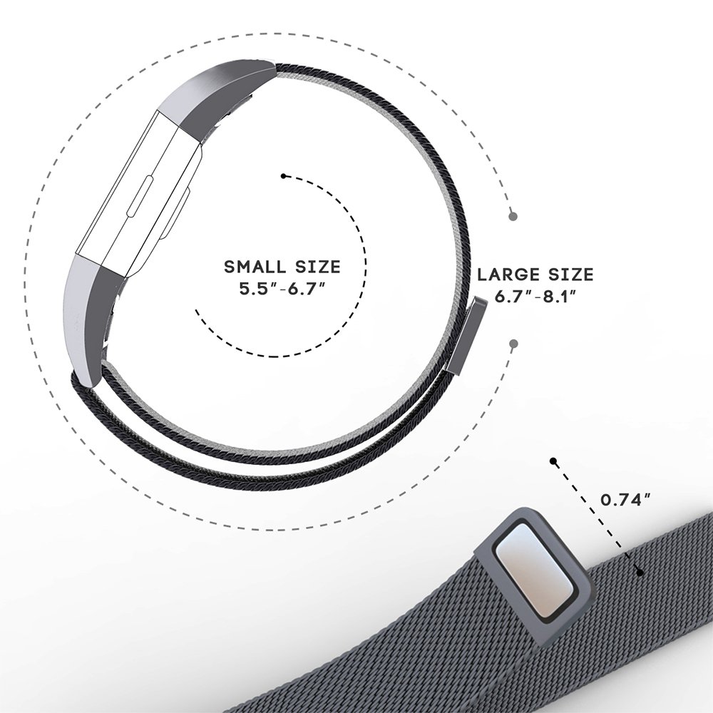 Fitbit Charge 2 Bands, MeanLove Bling Diamonds Stainless Steel Milanese Loop Replacement Accessories Magnetic Metal Small & Large Bands for Fitbit Charge 2 (Gray, Small (5.5\