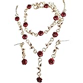 Azusa Sun 3Pcs Rose Red Jewelry Red Flower Necklaces for Women Red Rose Flower Dangle Earrings Rose Bracelet Prom Jewelry Sets for Bride Wedding Jewelry Gift