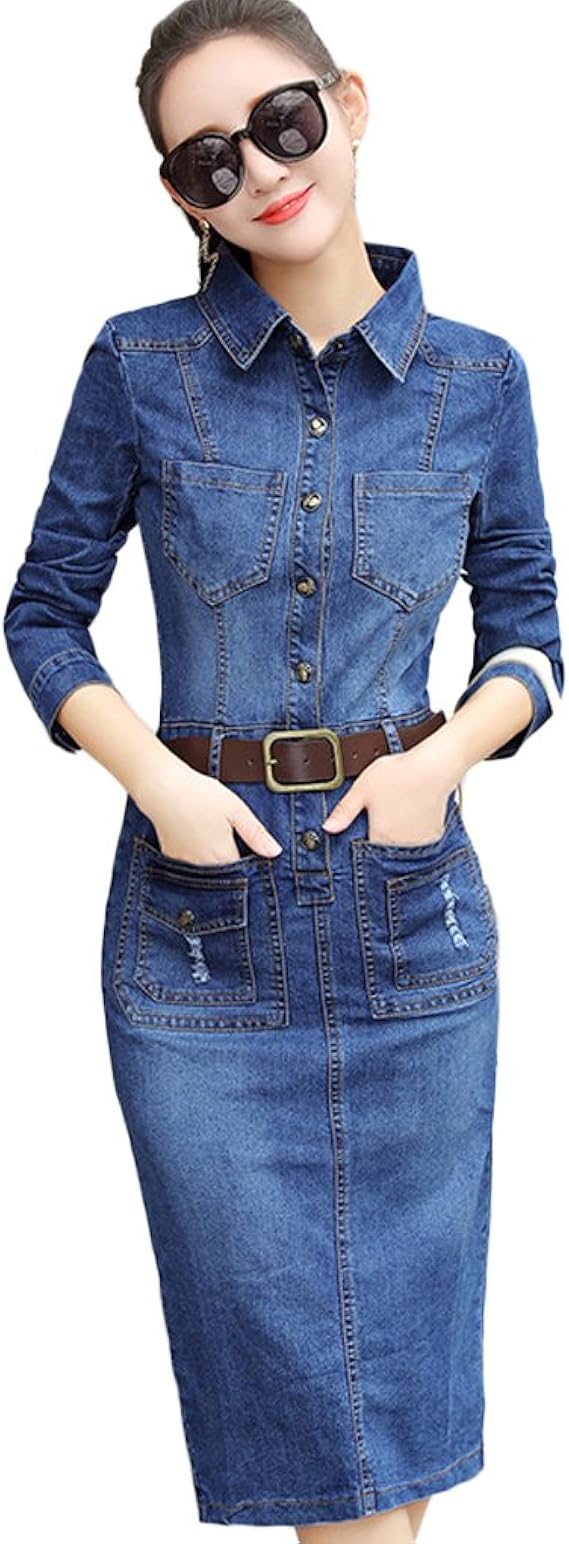 Amazon もうほうきょう デニムワンピース レディース 春秋 長袖 修身 スリット入り 中長め スリムスカート タイトめ 膝丈 ワンピース チュニック 通販