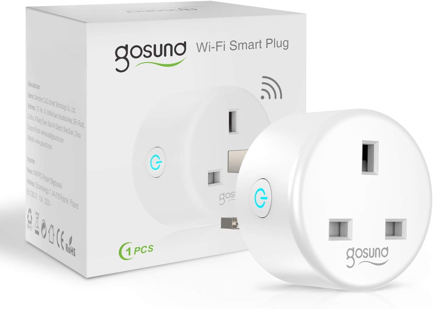 Smart Plug, Gosund 13A Alexa Plug Works with Alexa and Google Home, WiFi Plugs Socket Outlets with Voice Control, APP Control, Energy Monitoring, Timer Function, No Hub Required, 2.4GHz ONLY, 1 Pack