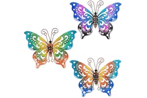 dreamskip 3 Pack Metal Butterfly Wall Decor, Colorful Metal Butterfly Outdoor Wall Art, Hand-Made Outdoor Wall Decor For Garden, Patio, Fence, Yard