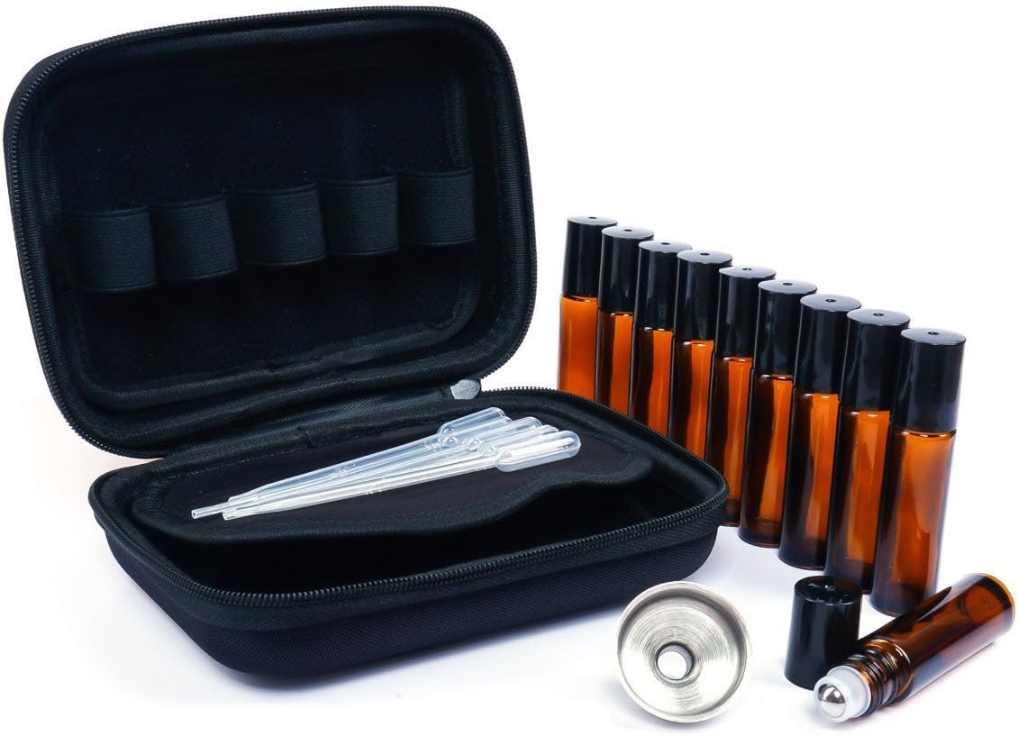 Essential Oil Carrying Case Holds 10 Bottles Perfect for Roller Bottles 5ml - 10ml. Bonus 10 10ml Roller Bottles, Essential Oil Key with Keyring, 1 Metal Funnel and 5 Droppers (10, Black)