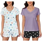 VENTELAN 2 Pack Womens Pajama Sets Short Sleeve Tops with Shorts Comfy Pjs Casual Lounge Sleepwear Sets S-2XL
