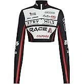 Floerns Women's Contrast Binding Long Sleeve Racing Tee Shirts Zip Up Y2k Crop Tops