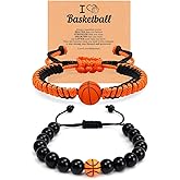 2 Pcs Y2k Basketball Natural Stone Beaded Stretch Wristband Bracelets Set for BFF Sport Lovers Teen Silicone Ball Handmade Braided Rope Adjustable Bracelet Gift