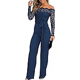 CHICME Womens Dressy Jumpsuits Casual One Piece Outfits Off Shoulder Lace Trim Overalls Straight Leg Pants