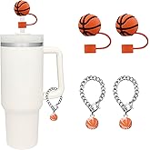 Basketball Straw Covers Cap for Stanley Cup 30&40 Oz, 2pcs 10mm Cute Silicone Straw Toppers Protector Lid for Tumblers with 2pcs Basketball Personalized Charms Chain, Stanley Tumblers Accessories