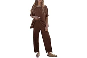Tankaneo Women's 2 Piece Travel Outfits Casual Short Sleeve Knit Pullover Tops Wide Leg Pants Lounge Sets Tracksuit