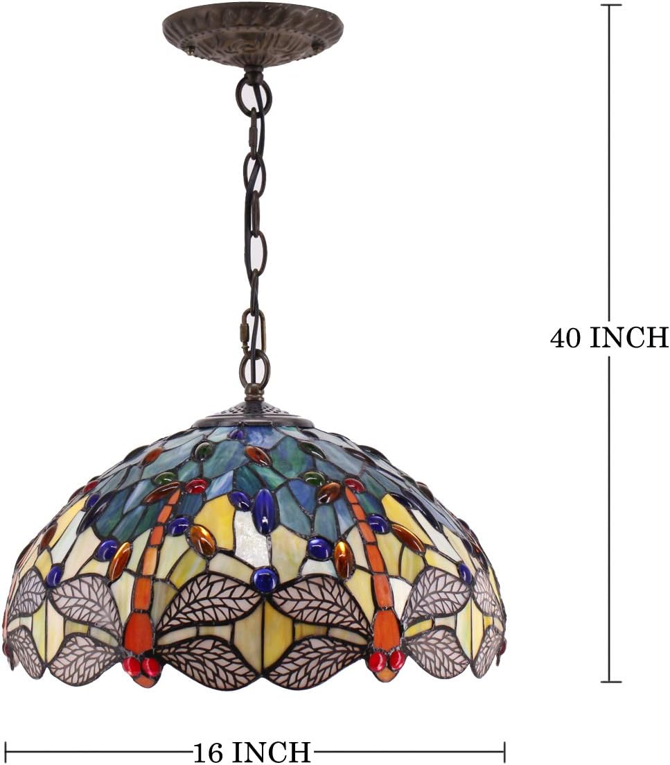 Tiffany Hanging Lamp W16H40 Inch (LED Bulb Included) Pendant Light Stained Glass Dragonfly Shade Chandelier Ceiling Fixture S128 WERFACTORY Decorate Dining Living Room Bedroom Study Office Coffee Bar - - 