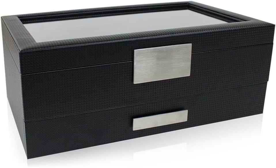 Glenor Co Watch Box with Valet Drawer for Men - 12 Slot Luxury Watch Case Display Organizer, Carbon Fiber Design - Metal Buckle for Mens Jewelry Watches, Men's Storage Boxes Holder has Large Glass Top: Home & Kitchen