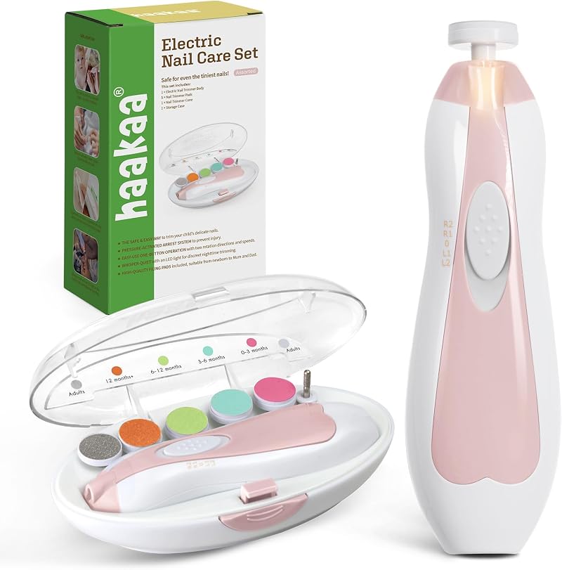haakaa Baby Nail Trimmer Electric Safe Nail File Kit with LED Light 6 Heads Pink