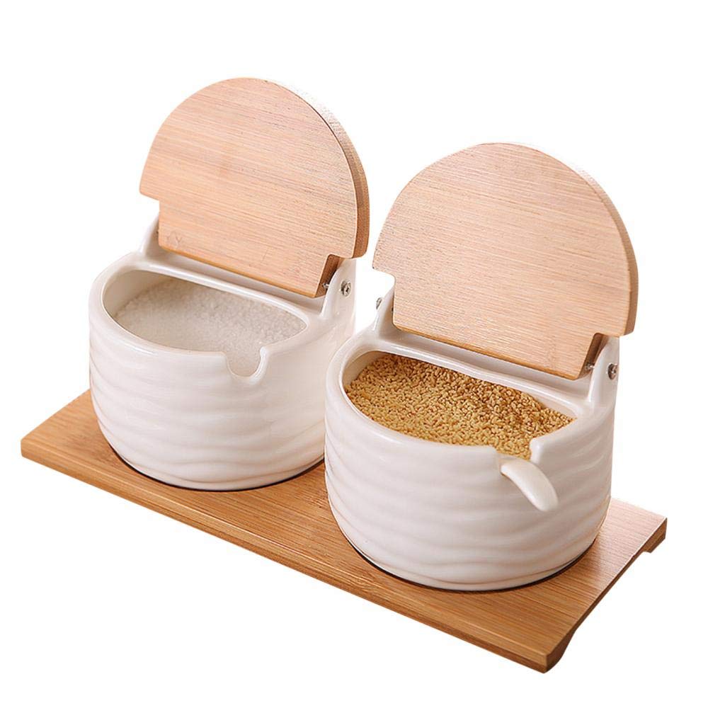 Kitchen Spice Jar, Ceramic Bowl with Bamboo Lids and Sugar Spoons Porcelain Condiment Container, Salt Seasoning Rack Spice Pots Seasoning Box for Home (Suit B)