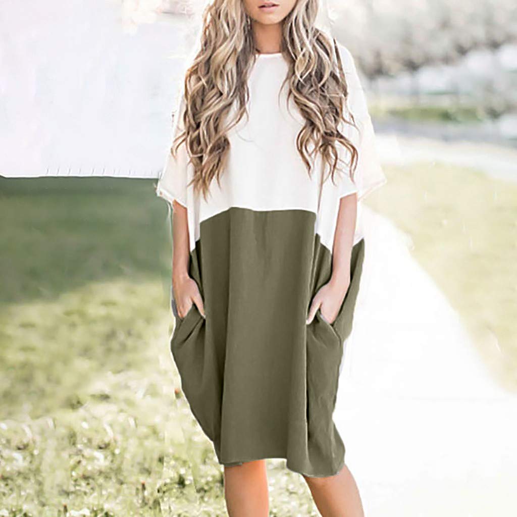 POTO Women Dresses, Loose Color Stitching Casual Dresses with Pockets Cotton Linen Tunic Dress Party Dress Beach Dress