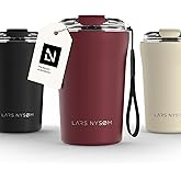 LARS NYSØM Thermo Coffee Mug to go with Strap 13oz | Travel Mug 0.38 Liter with Insulation | Leak Proof Stainless Steel Thermal Tumbler for Coffee and Tea to Go (Berry Red, 12.9oz)