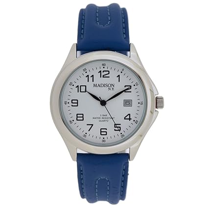 Madison Herrenuhr 3 Bar Analog Datum Lederarmband Metall Blau MAD-002
