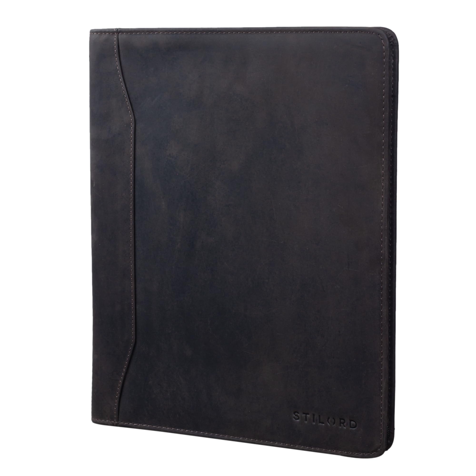 STILORD 'Scott' Vintage Leather Document Folder | 12.2 Inch Writing Portfolio | Premium A4 Leather Conference Folder Briefcase with Zipper for Business and Office, Colour:Dark - Brown