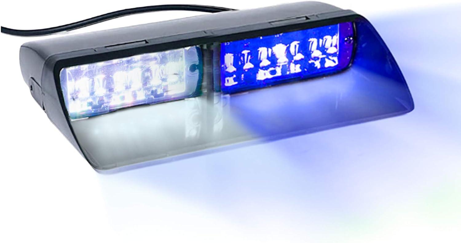 16 LED Emergency Dash Light Dual Rapid Switch Windshield Warning Hazard Safety 17 Flashing Strobe Modes Car Truck Vehicle Law Enforcement Police - White/Blue