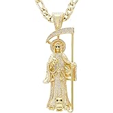 BSMCXB 14K Gold Plated Brass Cubic Zirconia Skull Holy Death Sanit La Santa Muerte Charm Pendant Necklace Jewelry