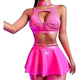 ABAFIP Women Rave Outfits Metallic Mini Skirt Cutout Crop Bra Top Choker Strappy Festival Dancewear set