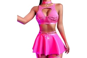ABAFIP Women Rave Outfits Metallic Mini Skirt Cutout Crop Bra Top Choker Strappy Festival Dancewear set