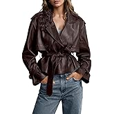 chouyatou Women's Fall Belted Faux Leather Jacket Modo Business Casual Faux Leather Short Trench Coat