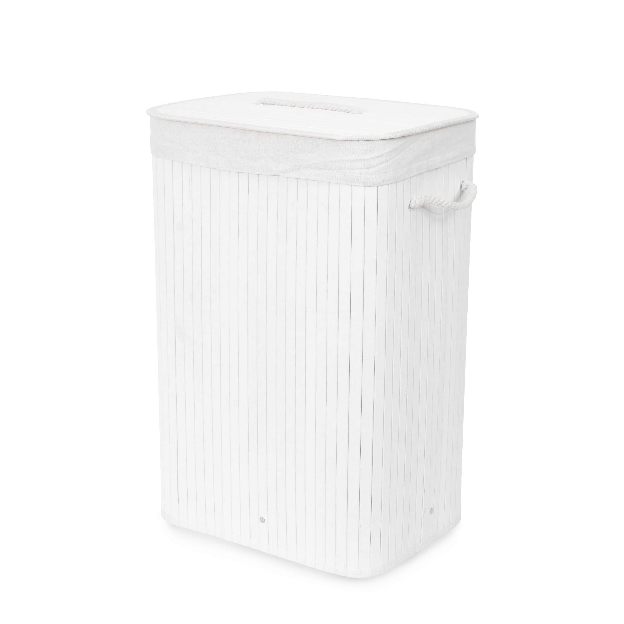 Compactor Bamboo White Laundry Basket with Lid, Foldable Washing Hamper for Storing Clothes and Linen in Bedrooms and Bathrooms, Removable Liner and Rope Handles