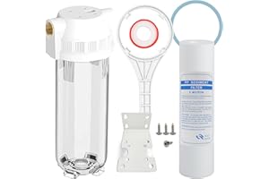 MOPUEHEL Whole House Water Filter Housing Clear, RV Water Filter Housing, 10" X 2.5" Inline Sediment Water Filter for RV, Home, Aquarium, 3/4" NPT Brass Port, R-Type O-Ring, with PP Filter, Heavy Duty Bracket