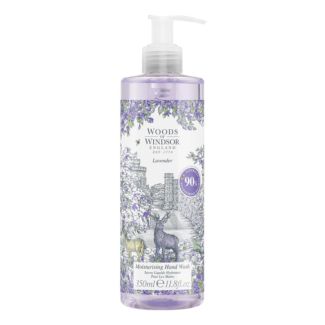 Woods of Windsor Lavender Hand Wash, Moisturising Soap with Notes of Patchouli and Musk, Liquid Hand Soap with Pump to Help Soften and Moisturise Skin, Lavender Scent 350ml