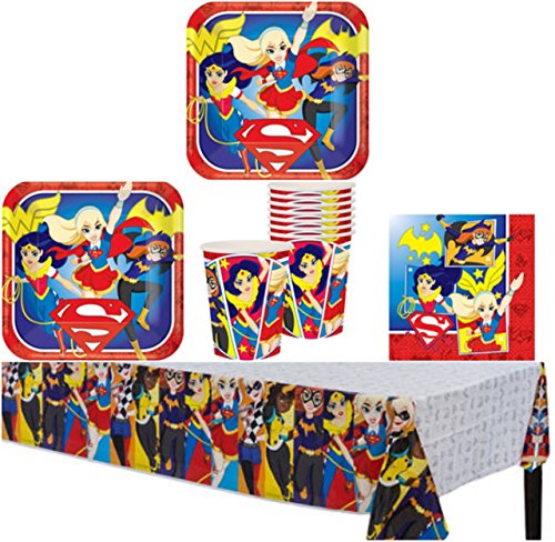 Wonder Woman And The DC Super Hero Girls Birthday Party Supplies Pack for 8 Guests - Lunch Plates, Dessert Plates, Lunch Napkins, Cups, and a Table Cover