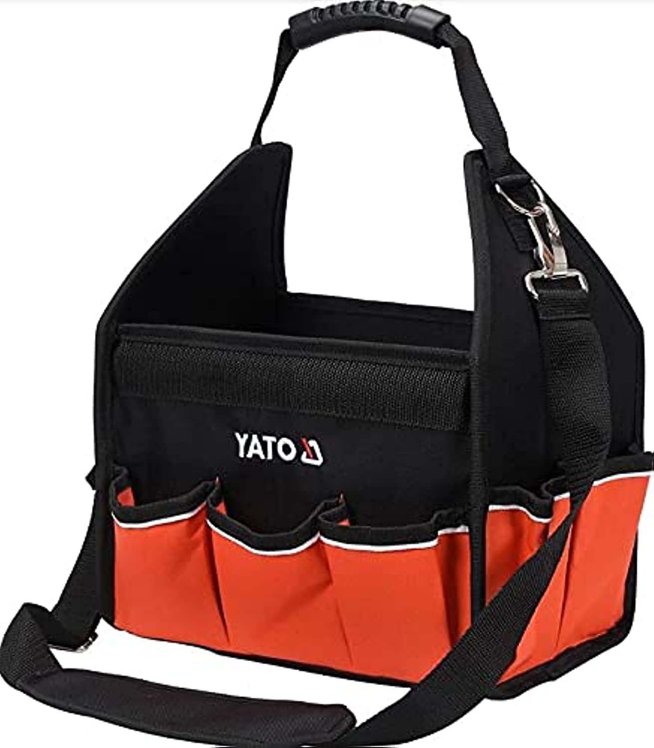 Yato Tool Bag 16 Compartments 29.5 x 19 x 21 cm Red/Black Carry Strap Polyester Tool Box Open