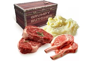 DEN'S HOT DOGS Grumpy Butcher Steaks, Chops and Mash Set in Gift Box - 2 Top Sirloin Steaks, 2 Duroc Bone-in Pork Chops and Mashed Potatoes Tray - Grumpy Steak Gift Packages Specials