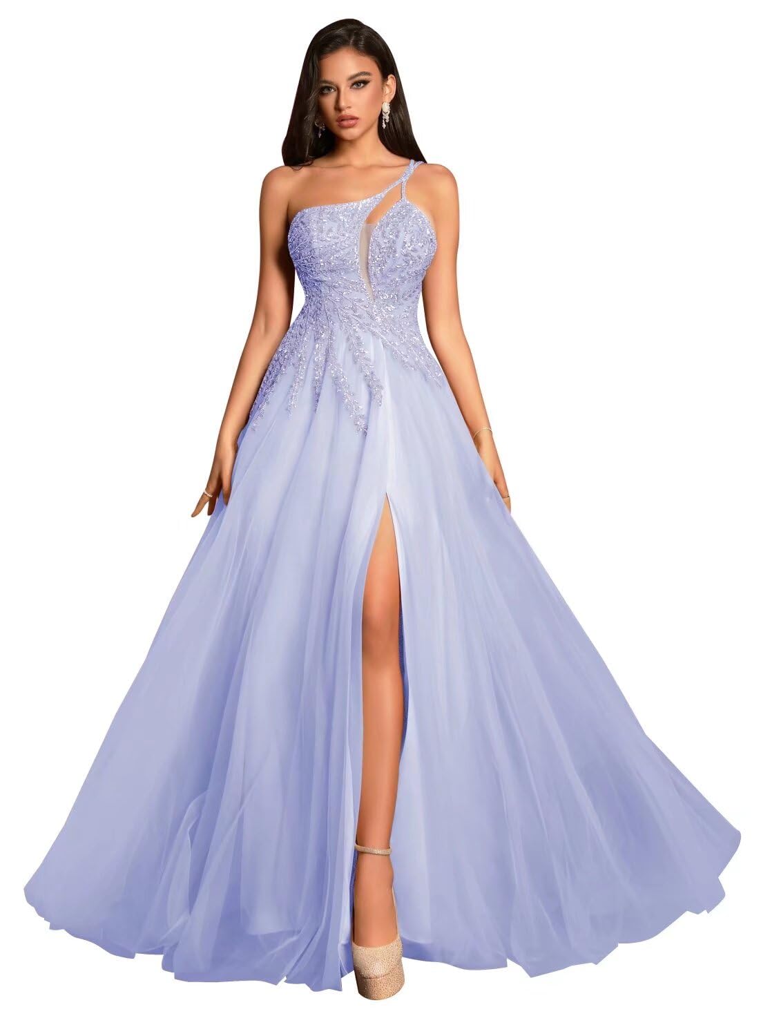 Tulle Lavender Prom Dresses with Slit Spaghetti