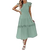 ZESICA Women's Casual Crew Neck Flutter Sleeve Smocked High Waist Hollow Out Lace Trim Tiered A Line Midi Dress