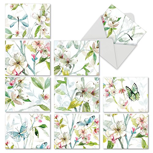 M6592OCB Dogwood Days: 10 Assorted Blank All-Occasion Note Cards Featuring a Larger Painting of Watercolor Dogwood Flowers That is Cropped into Smaller Images, w/White Envelopes.