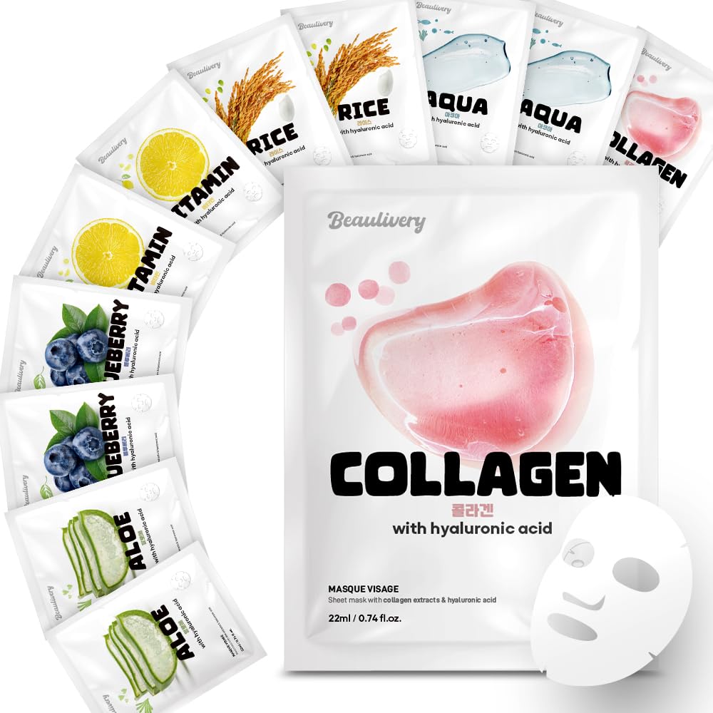 [12 Stück] BEAULIVERY Koreanische Gesichtsmaske mit Hyaluronsäure Tuchmaske, Korea Tuchmasken set