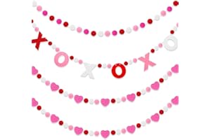 Jansun 4Pcs Valentine's Day Garlands Ball Felt Heart Pompom Garland Decorations Banner for Valentine's Day Party Home Indoor Outdoor Fireplace Mantle Room Hanging Decoration