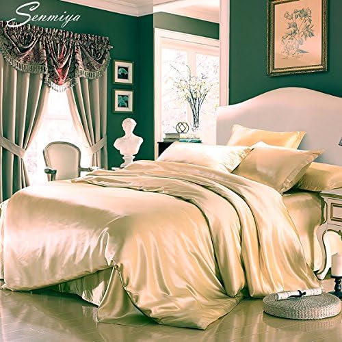 Senmiya Satin Bedding Set, Silky Sexy Duvet Cover (Silk Like) + 2 Solid Soft Pillow Shams with Hidden Zipper for hair, Elegant &amp; Romantic Bedding Gift for Women - Golden, King