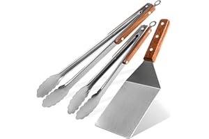 Tongs and Spatula Set of 3, Heavy Duty Stainless Steel Kitchen Tongs 12"/16" & Metal Spatula 4 x 5.5 with Wood Handle for BBQ