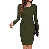 Missufe Women's Crew Neck Long Sleeve Ruched Knee Length Bodycon Casual Dress Sheath Sundress